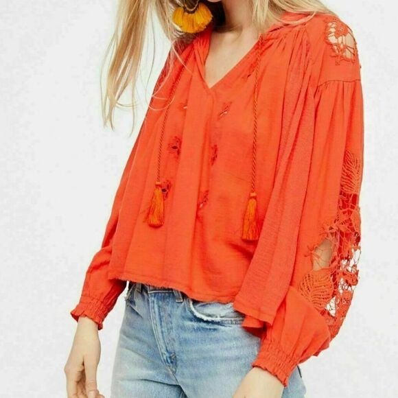 Free People Tops - FREE PEOPLE Hooded Top Eyelet Embroidered Cotton Gauze Orange/Red Women’s Medium